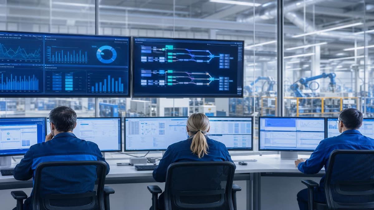Industrial operations workspace with digital dashboards and workflow data