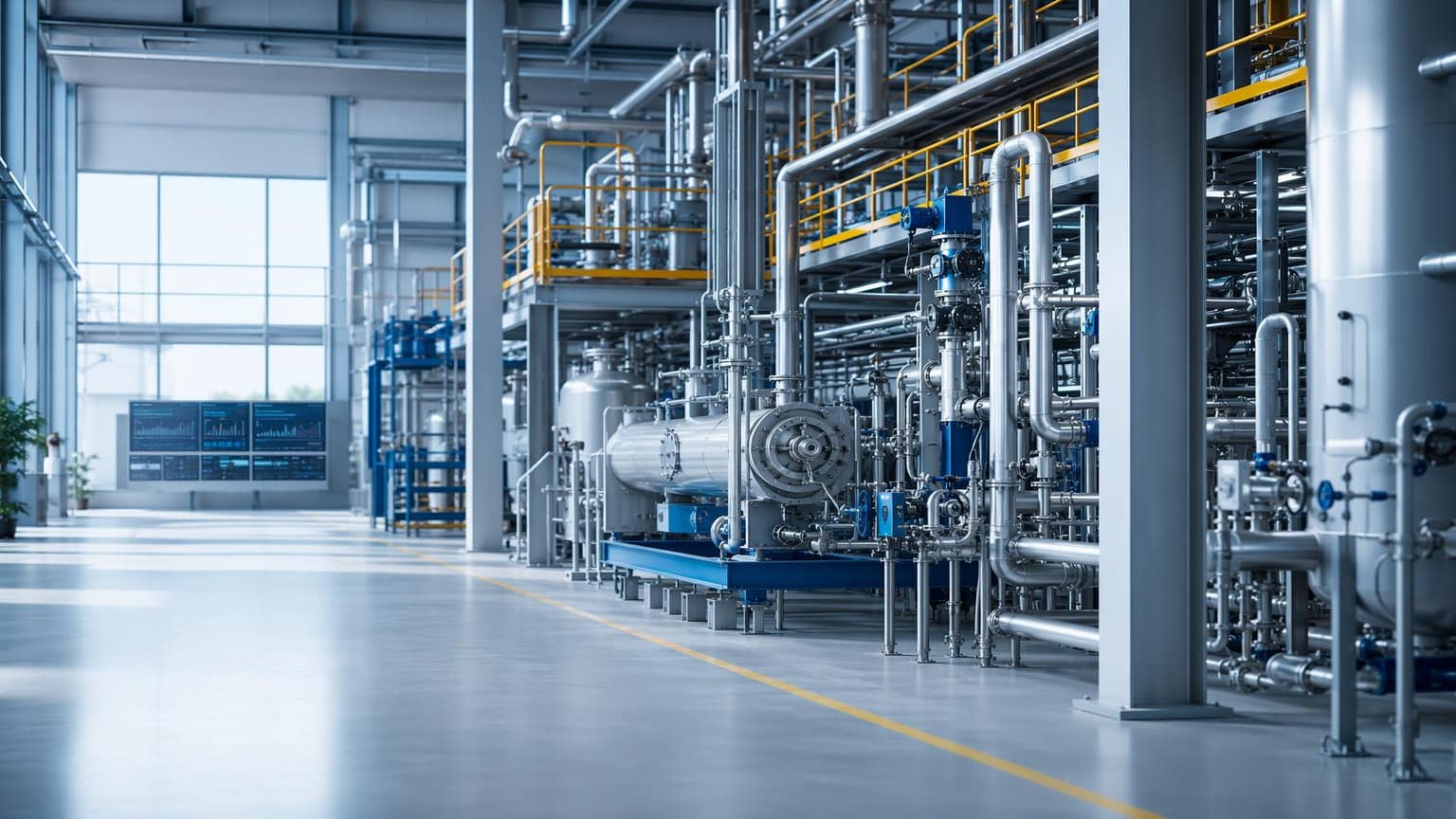 Industrial process plant with piping, vessels, and structural platforms